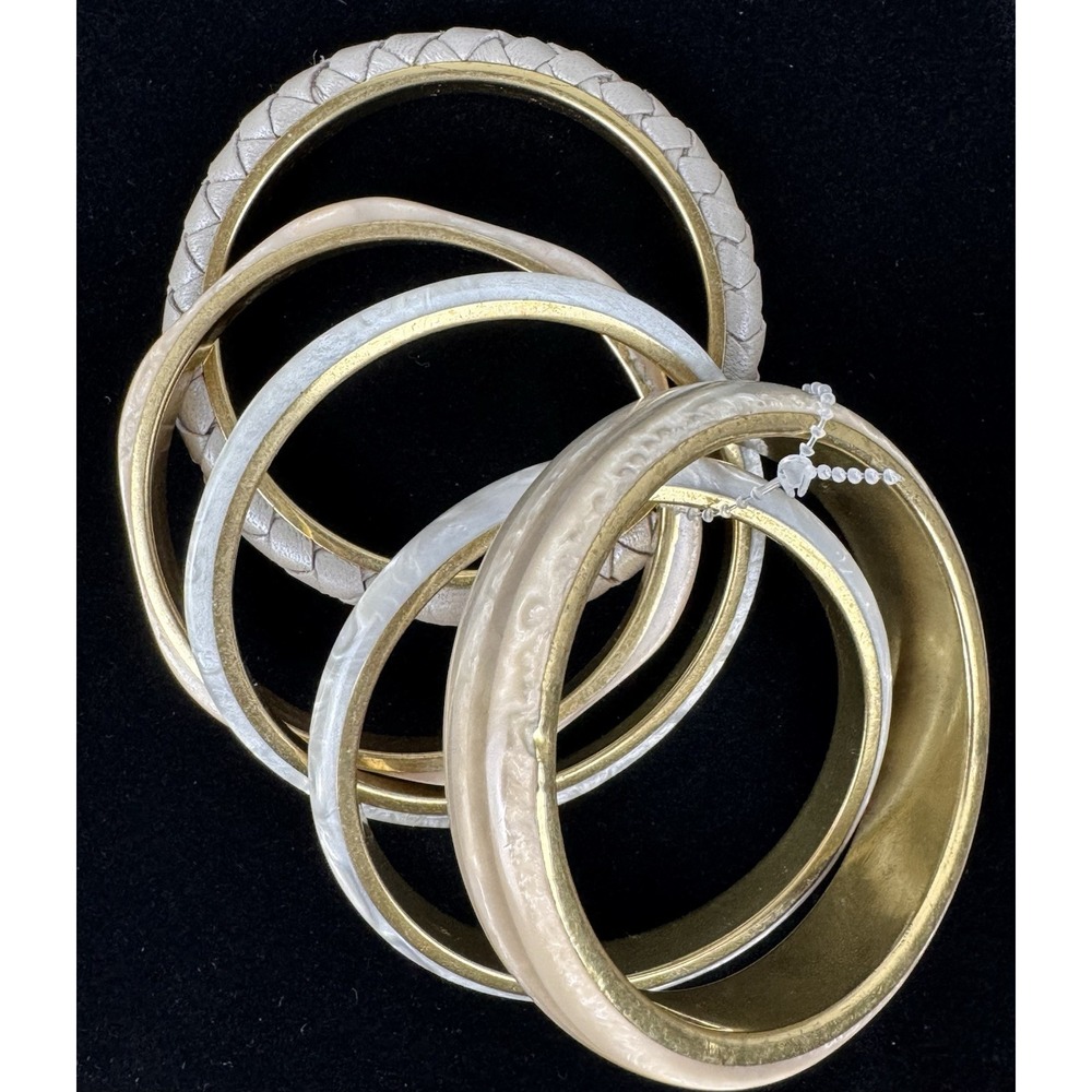 Vintage Neutral Tones Lucite Bangles Bracelet Lot Of 5 Marble,Braided